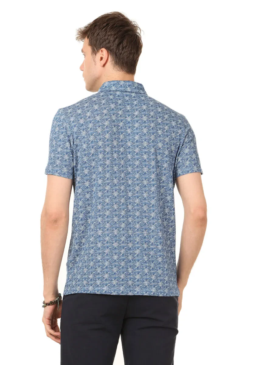 İndigo Baskılı Polo Yaka Keten Karışımlı T-Shirt - 4