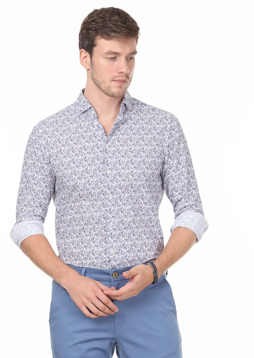 İndigo Baskılı Regular Fit Dokuma Casual %100 Pamuk Gömlek - 1