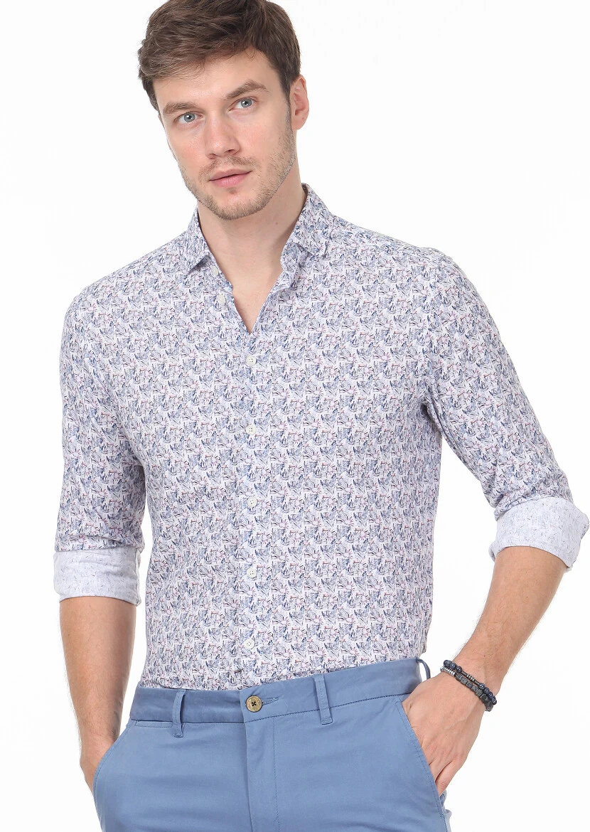 İndigo Baskılı Regular Fit Dokuma Casual %100 Pamuk Gömlek 