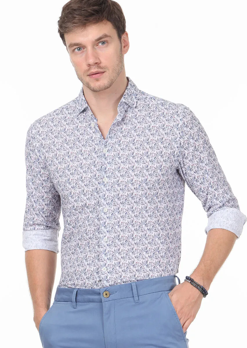 İndigo Baskılı Regular Fit Dokuma Casual %100 Pamuk Gömlek - 2