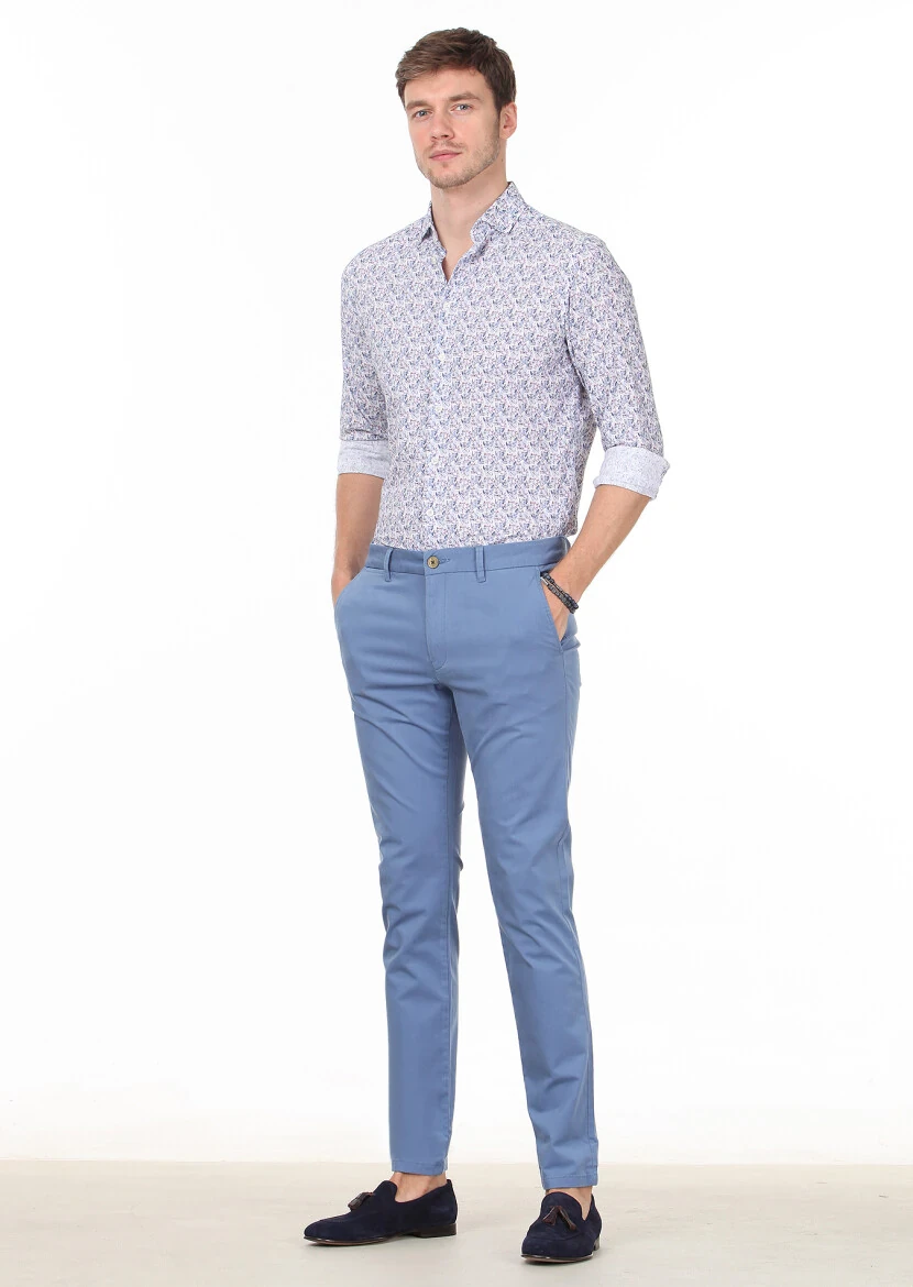 İndigo Baskılı Regular Fit Dokuma Casual %100 Pamuk Gömlek - 3