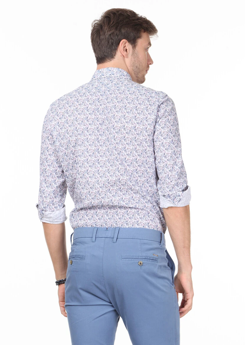 İndigo Baskılı Regular Fit Dokuma Casual %100 Pamuk Gömlek - 4