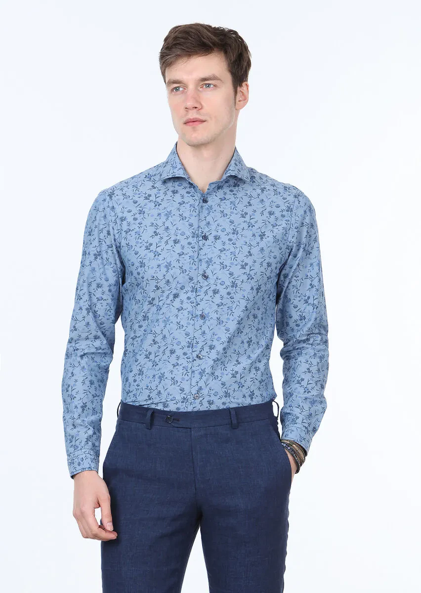 İndigo Baskılı Slim Fit Dokuma Casual %100 Pamuk Gömlek - 1