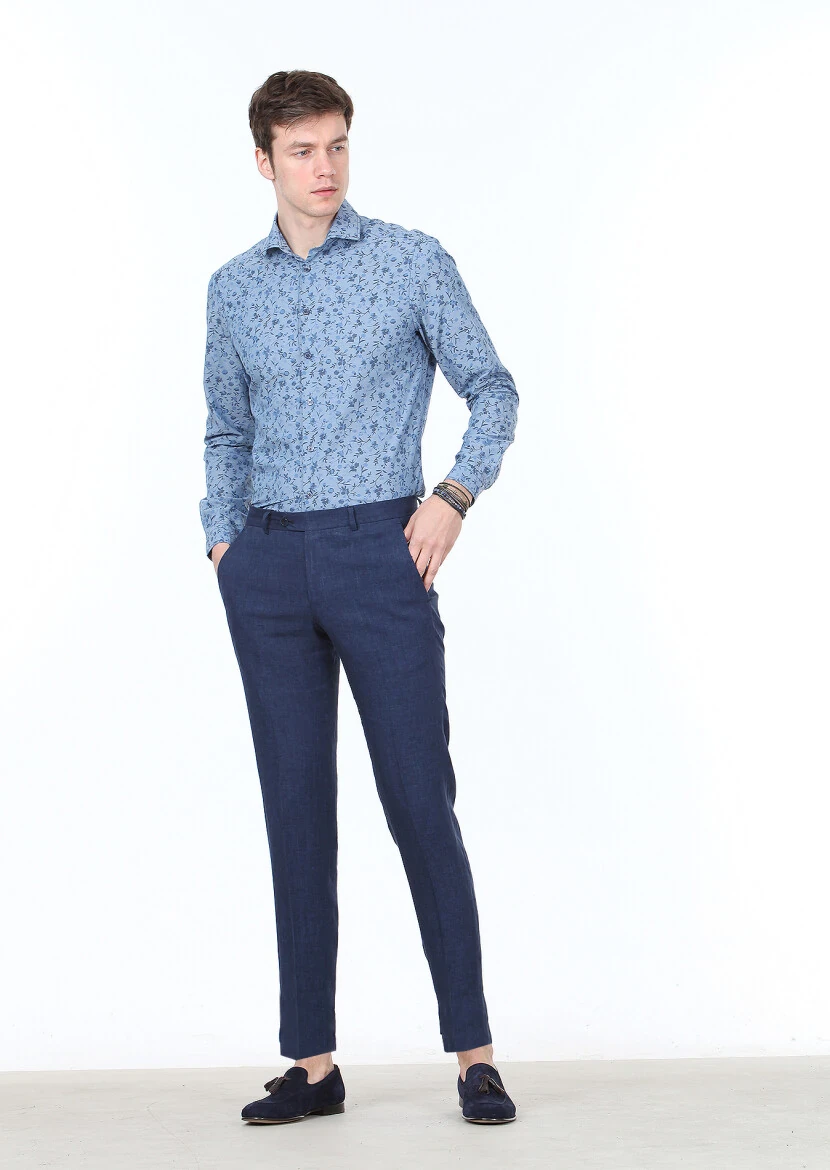 İndigo Baskılı Slim Fit Dokuma Casual %100 Pamuk Gömlek - 2