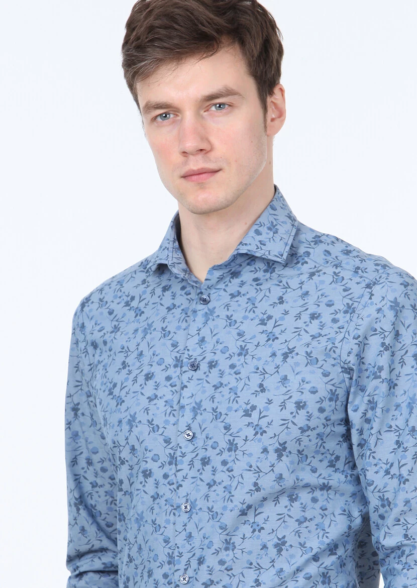 İndigo Baskılı Slim Fit Dokuma Casual %100 Pamuk Gömlek - 3