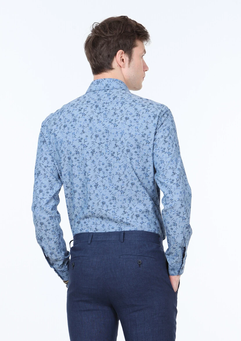 İndigo Baskılı Slim Fit Dokuma Casual %100 Pamuk Gömlek - 4