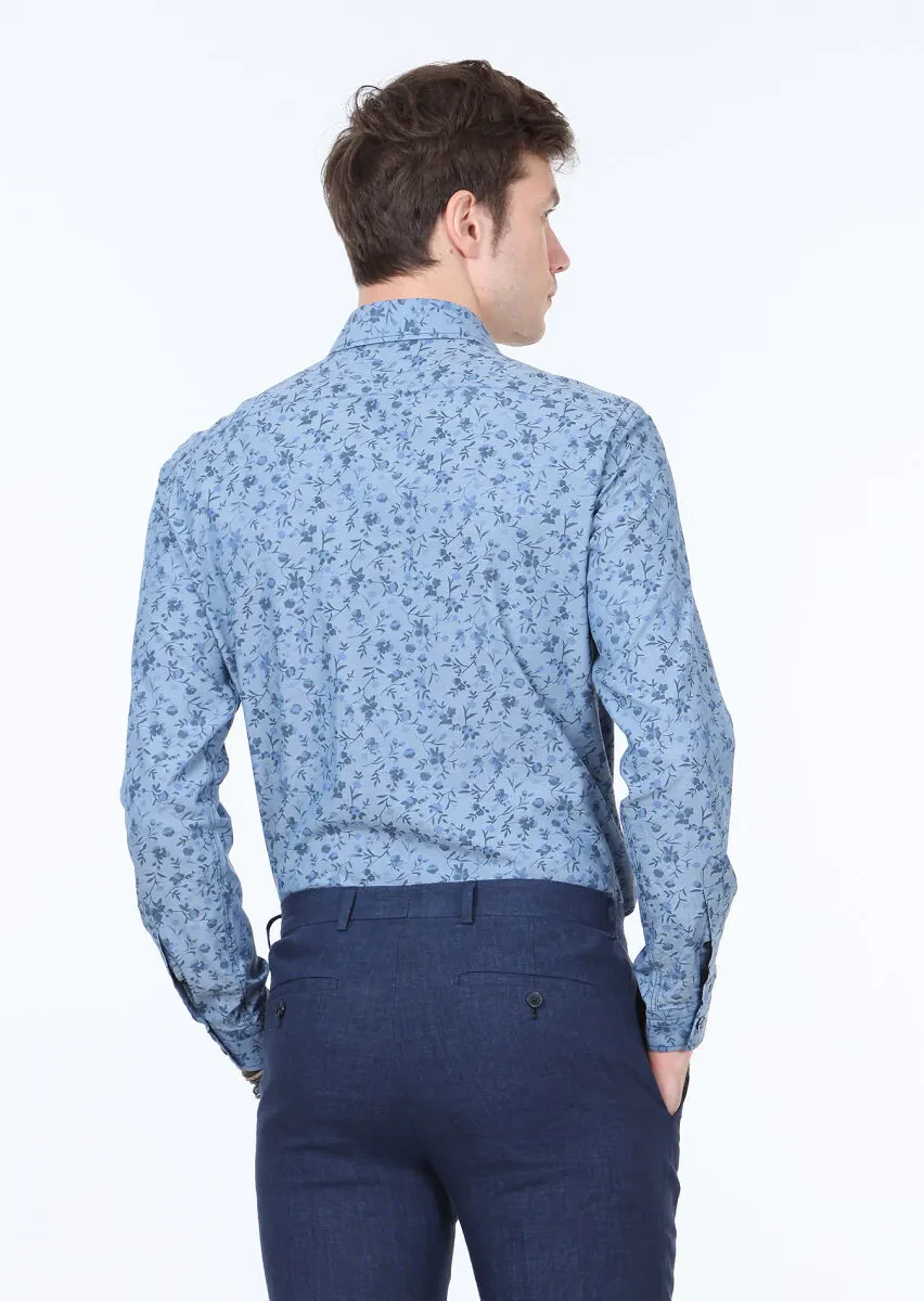 İndigo Baskılı Slim Fit Dokuma Casual %100 Pamuk Gömlek - 4