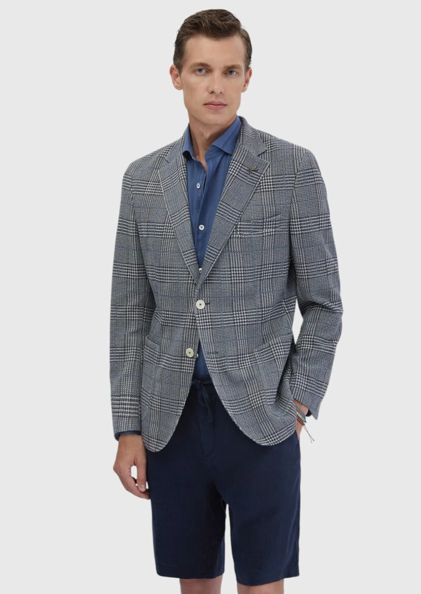 Indigo Checkered Shirt Shoulder Slim Fit Cotton Blended Jacket - RAMSEY