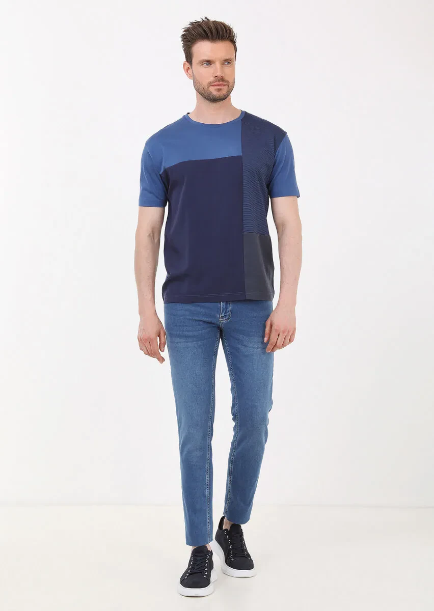 İndigo Çizgili Bisiklet Yaka %100 Pamuk T-Shirt - 3