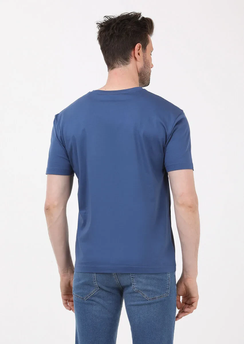 İndigo Çizgili Bisiklet Yaka %100 Pamuk T-Shirt - 4