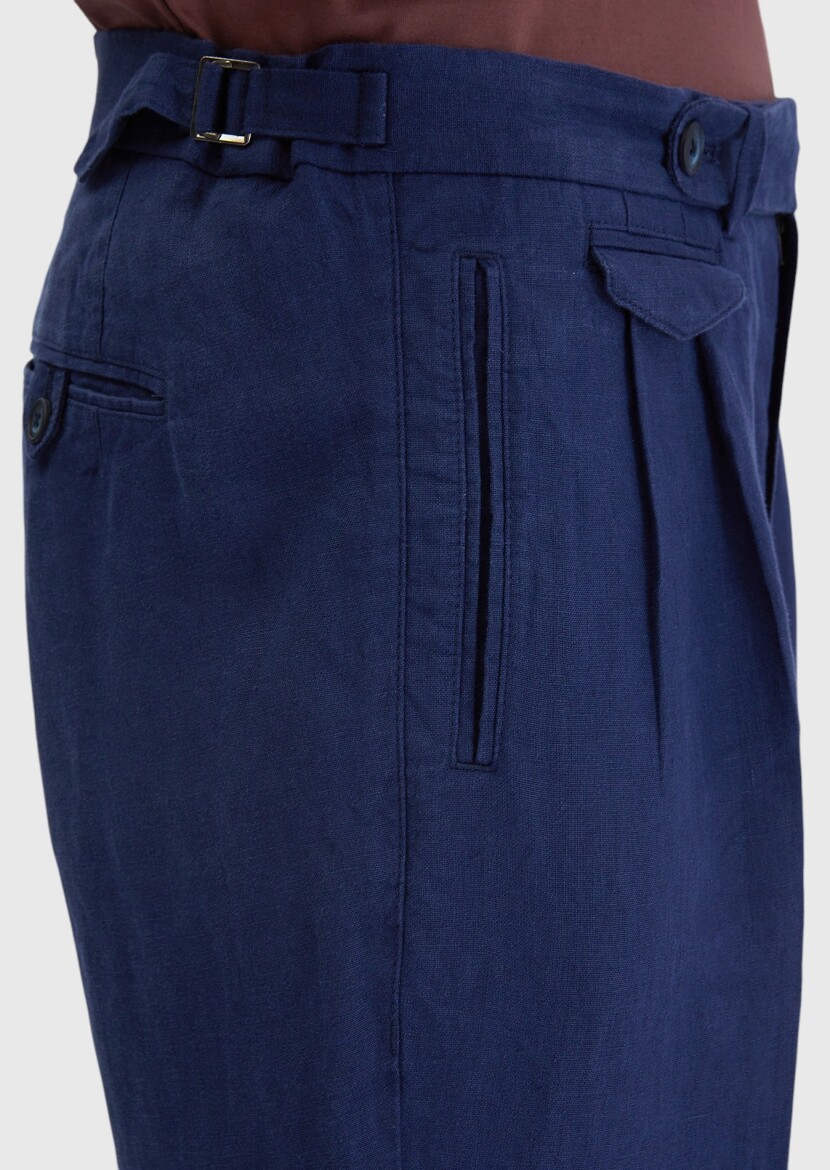 İndigo Çizgili Dokuma Carrot Fit Casual %100 Keten Pantolon - 4