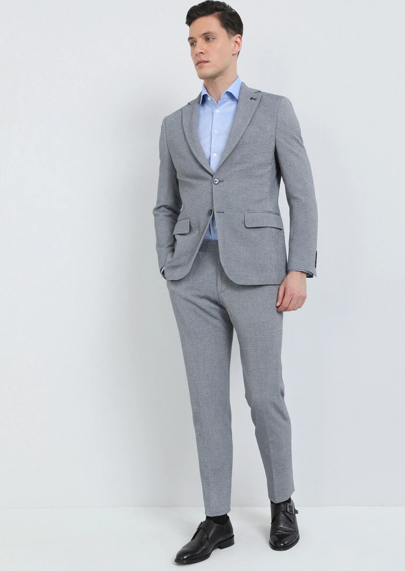 İndigo Çizgili Modern Fit Pamuk Karışımlı Takım Elbise - 1