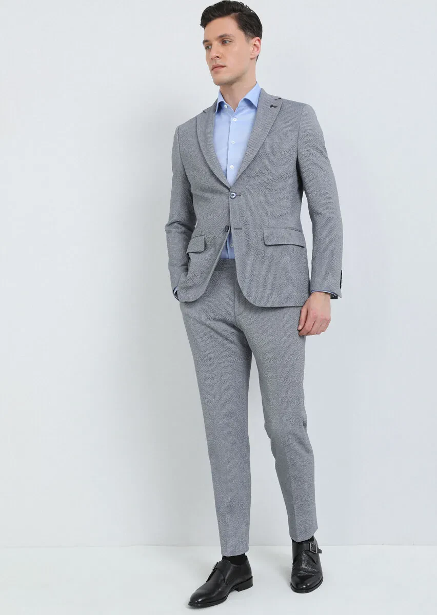 İndigo Çizgili Modern Fit Pamuk Karışımlı Takım Elbise - 1