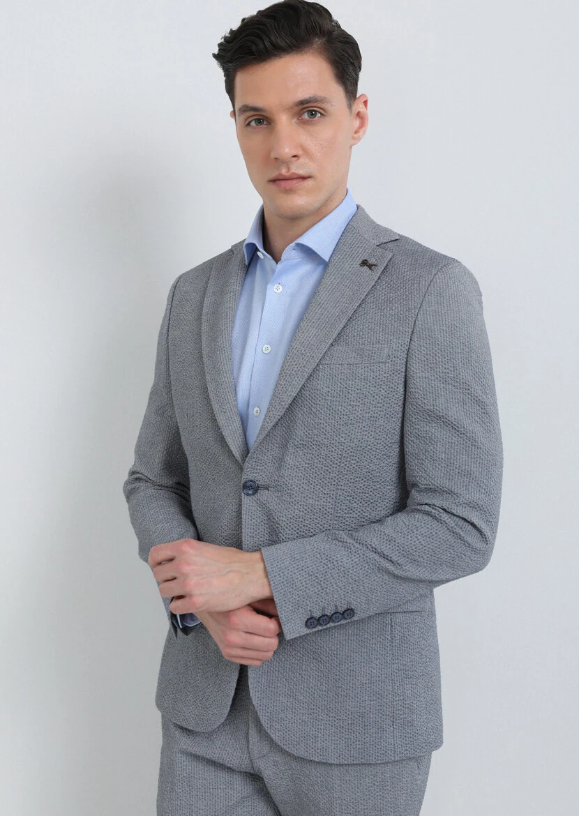 İndigo Çizgili Modern Fit Pamuk Karışımlı Takım Elbise - 2