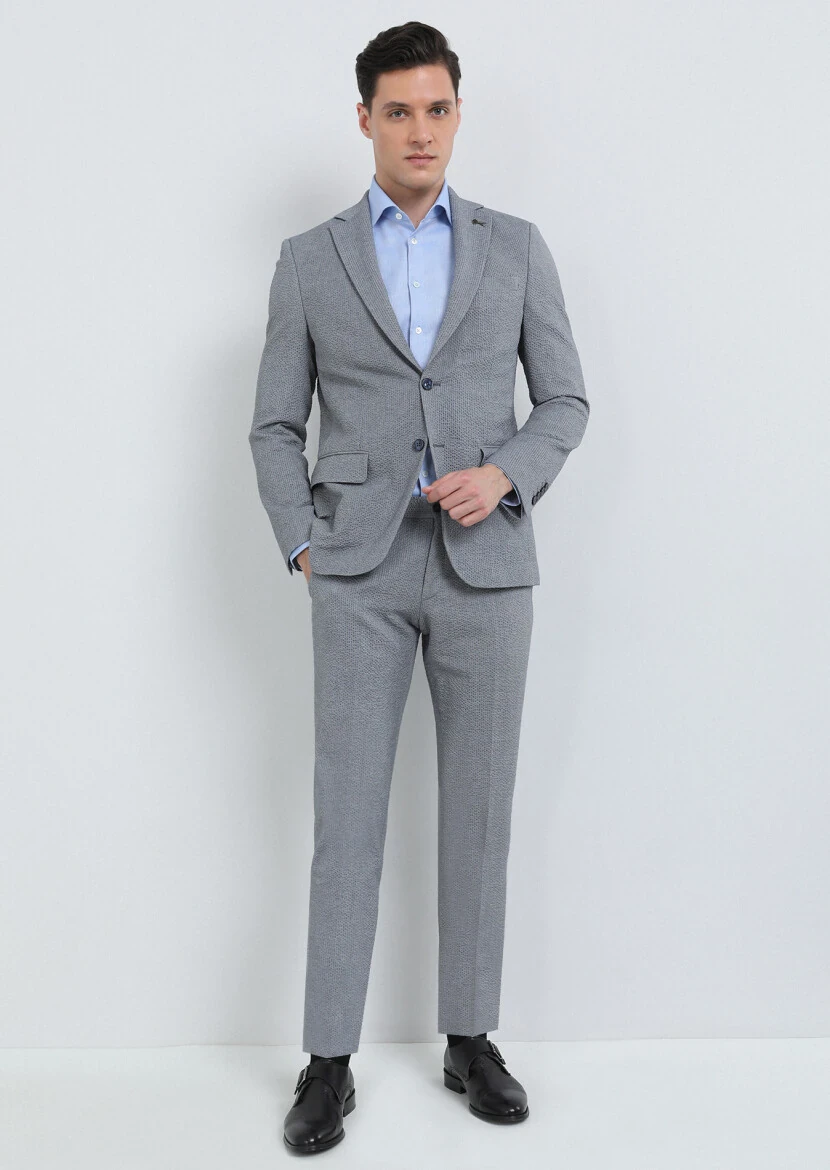 İndigo Çizgili Modern Fit Pamuk Karışımlı Takım Elbise - 4