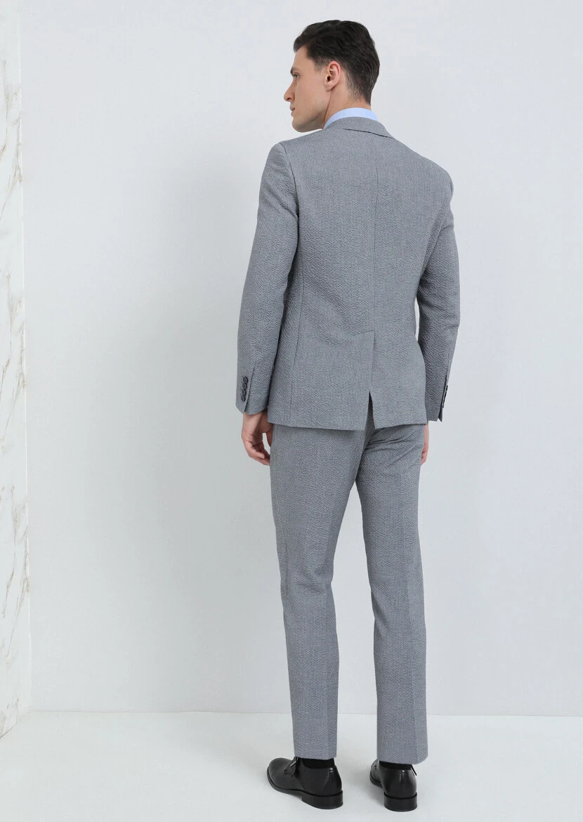 İndigo Çizgili Modern Fit Pamuk Karışımlı Takım Elbise - 5