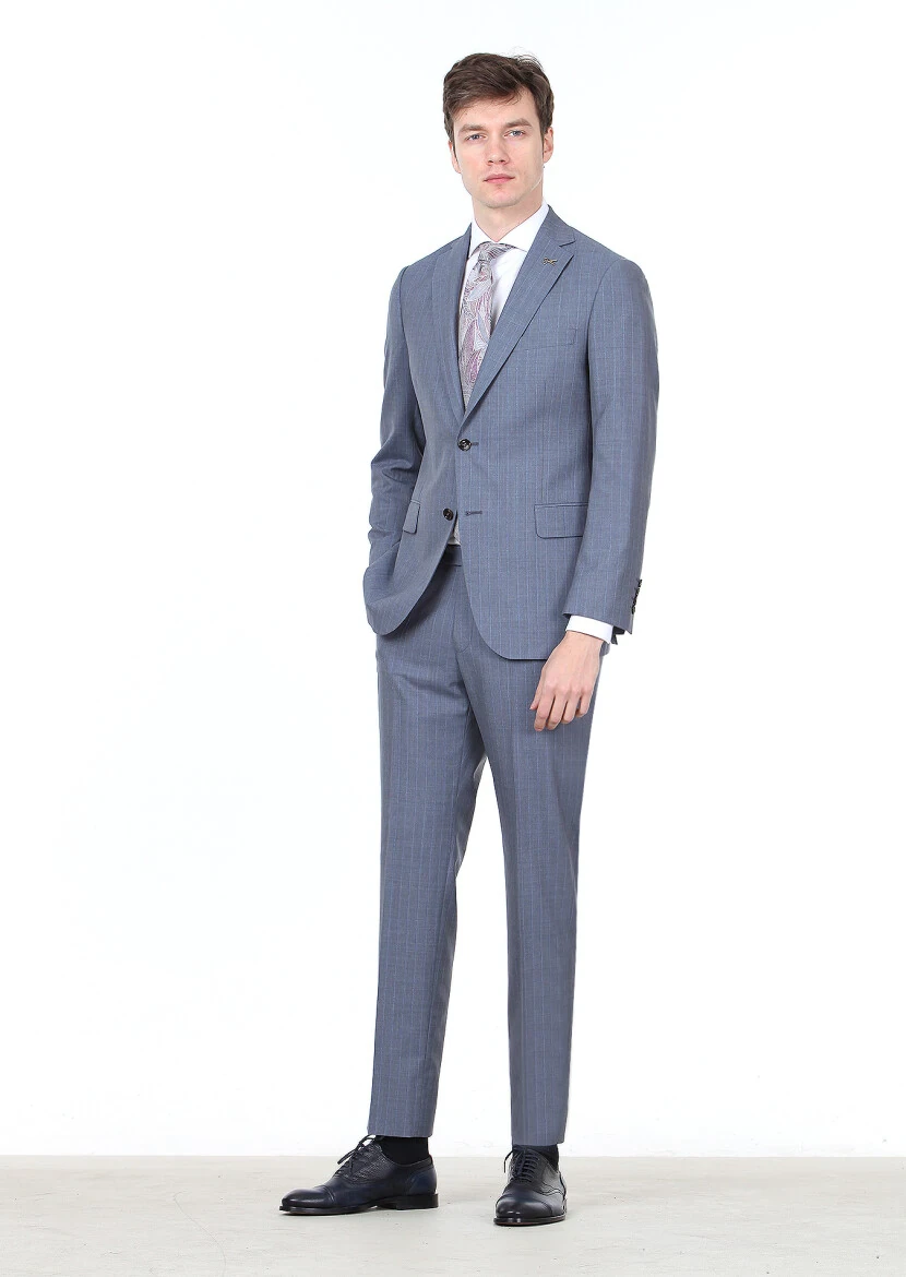 İndigo Çizgili Regular Fit %100 Yün Takım Elbise - 1