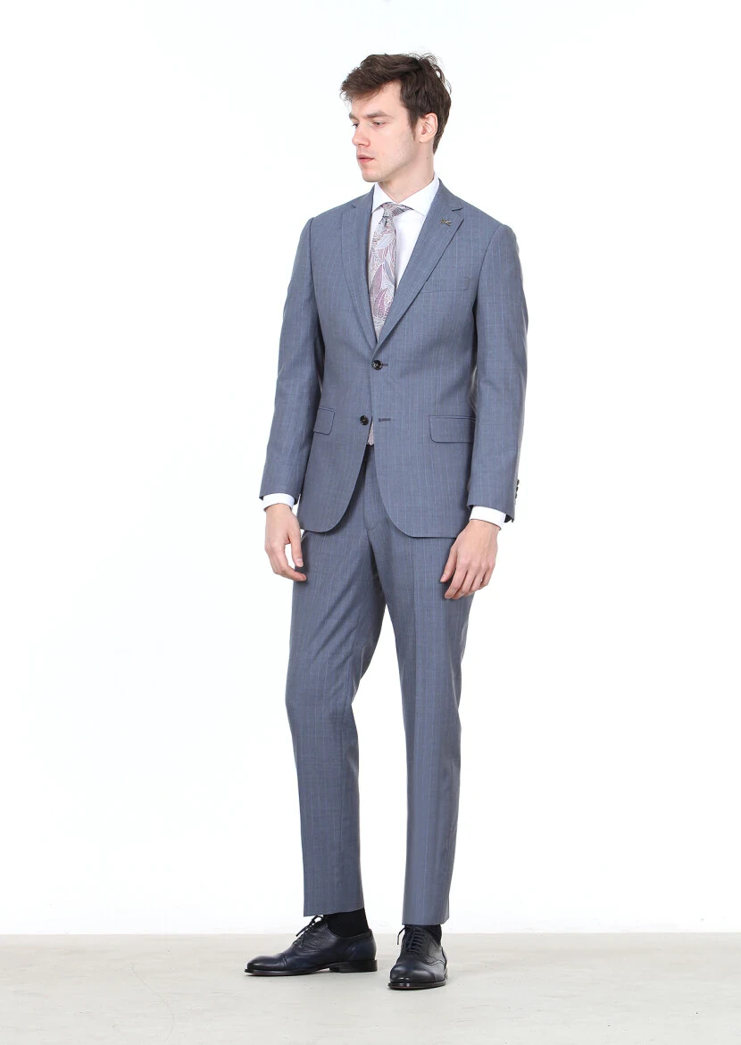 İndigo Çizgili Regular Fit %100 Yün Takım Elbise - 2