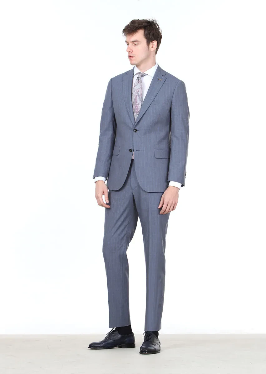 İndigo Çizgili Regular Fit %100 Yün Takım Elbise - 2