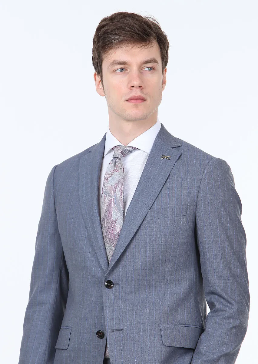 İndigo Çizgili Regular Fit %100 Yün Takım Elbise - 3