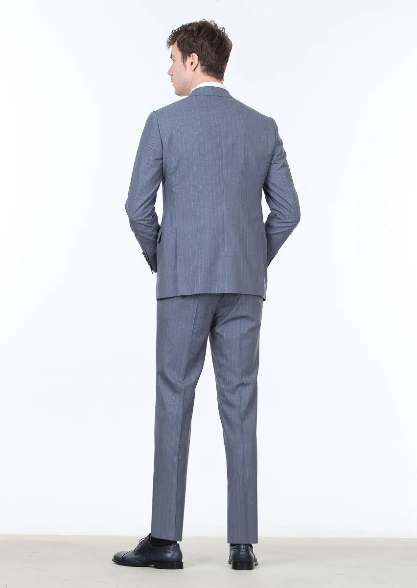 İndigo Çizgili Regular Fit %100 Yün Takım Elbise - 4