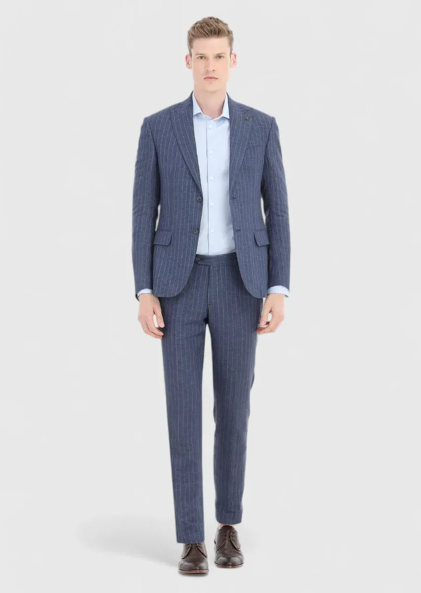 İndigo Çizgili Zeroweight Slim Fit %100 Keten Takım Elbise - 1