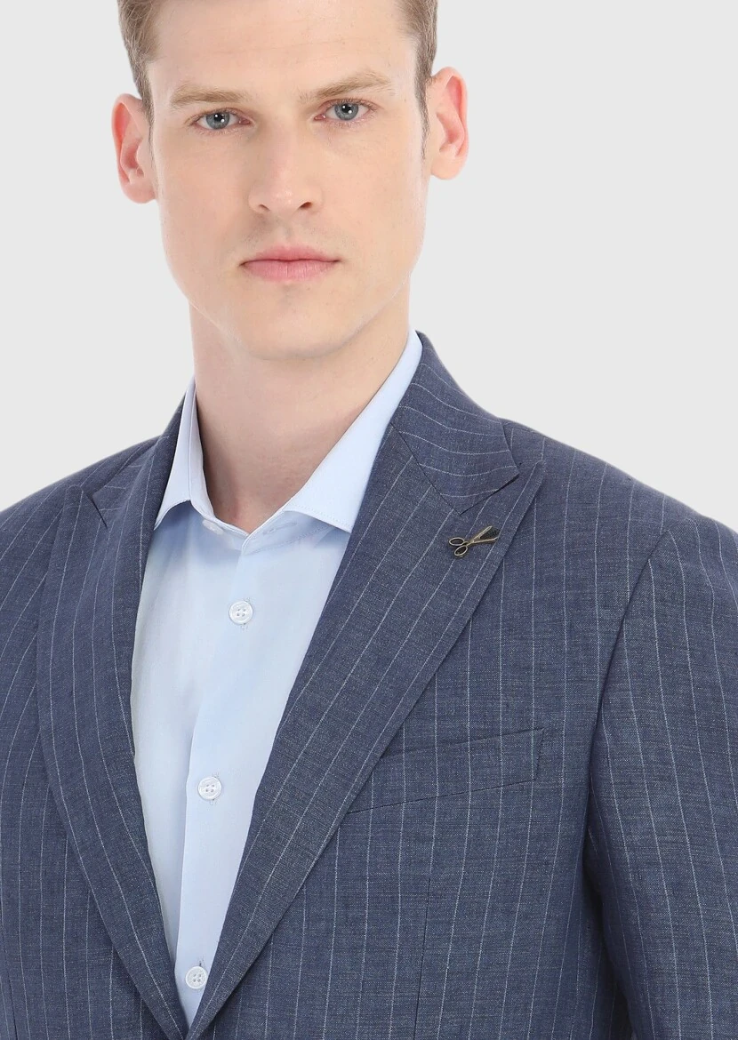 İndigo Çizgili Zeroweight Slim Fit %100 Keten Takım Elbise - 3