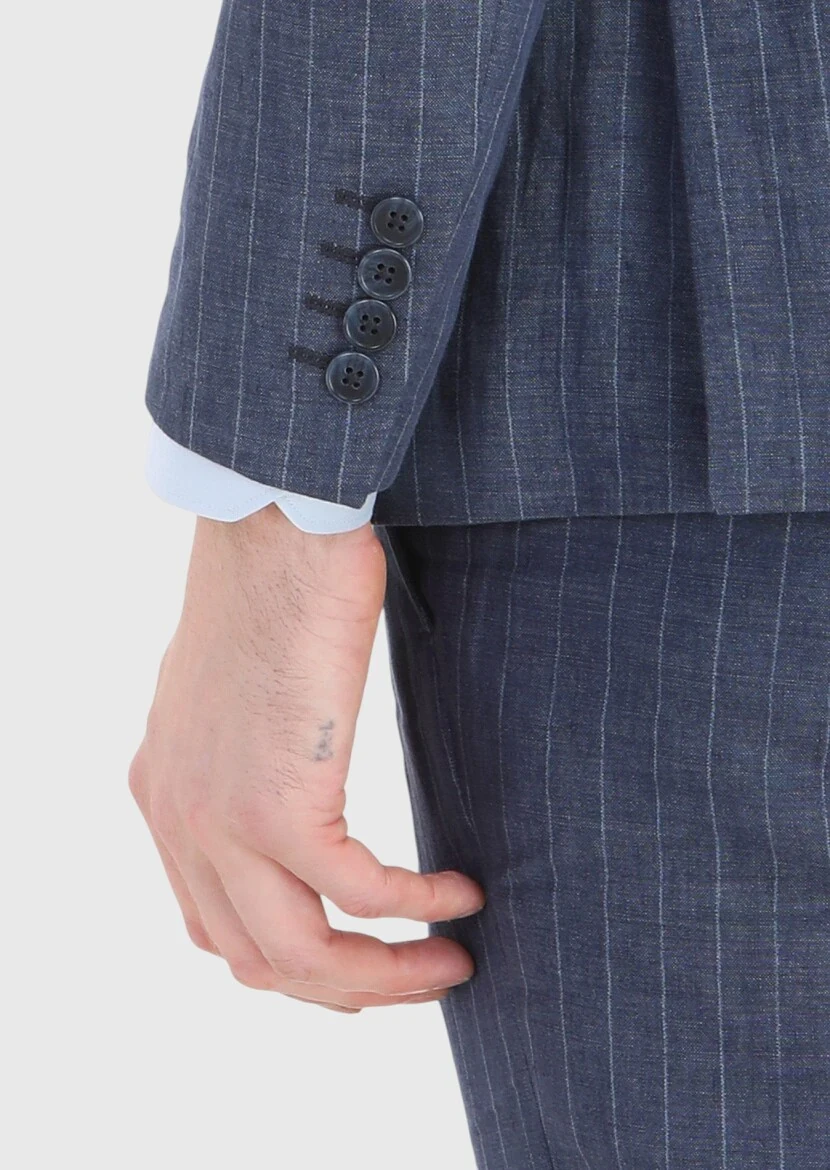 İndigo Çizgili Zeroweight Slim Fit %100 Keten Takım Elbise - 4