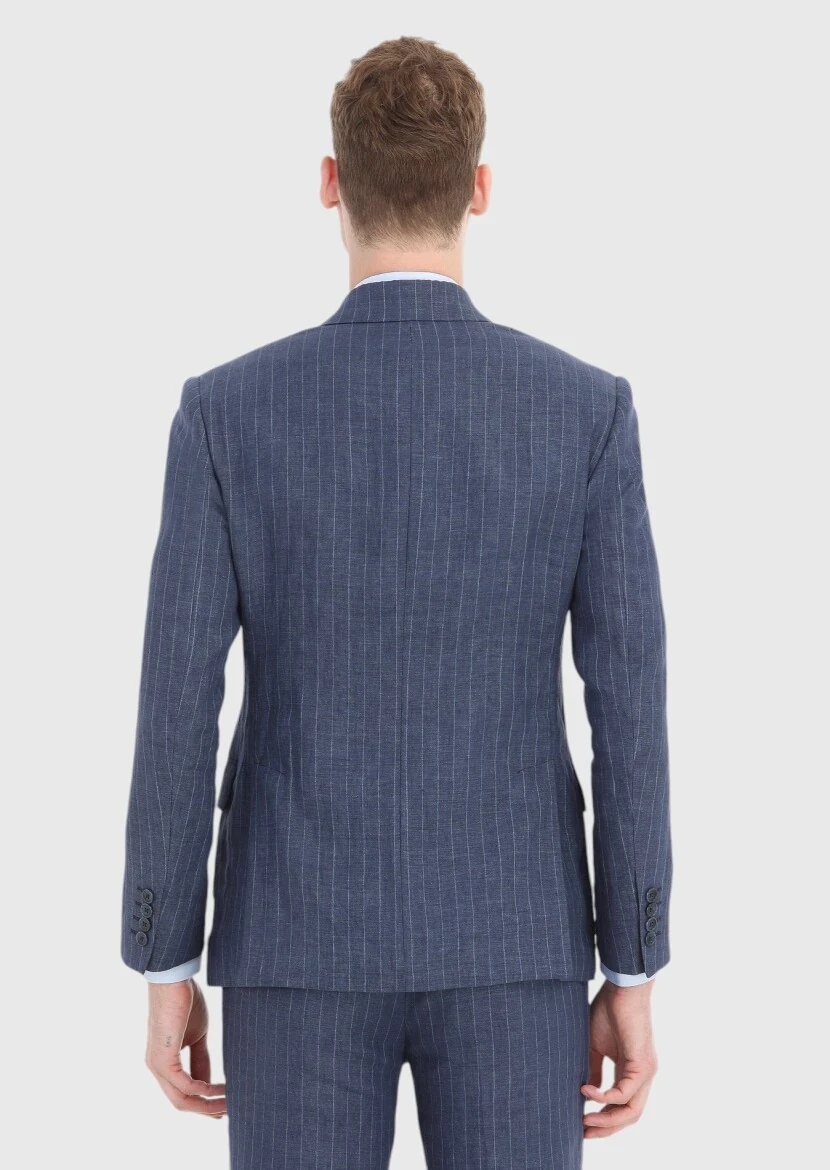 İndigo Çizgili Zeroweight Slim Fit %100 Keten Takım Elbise - 5