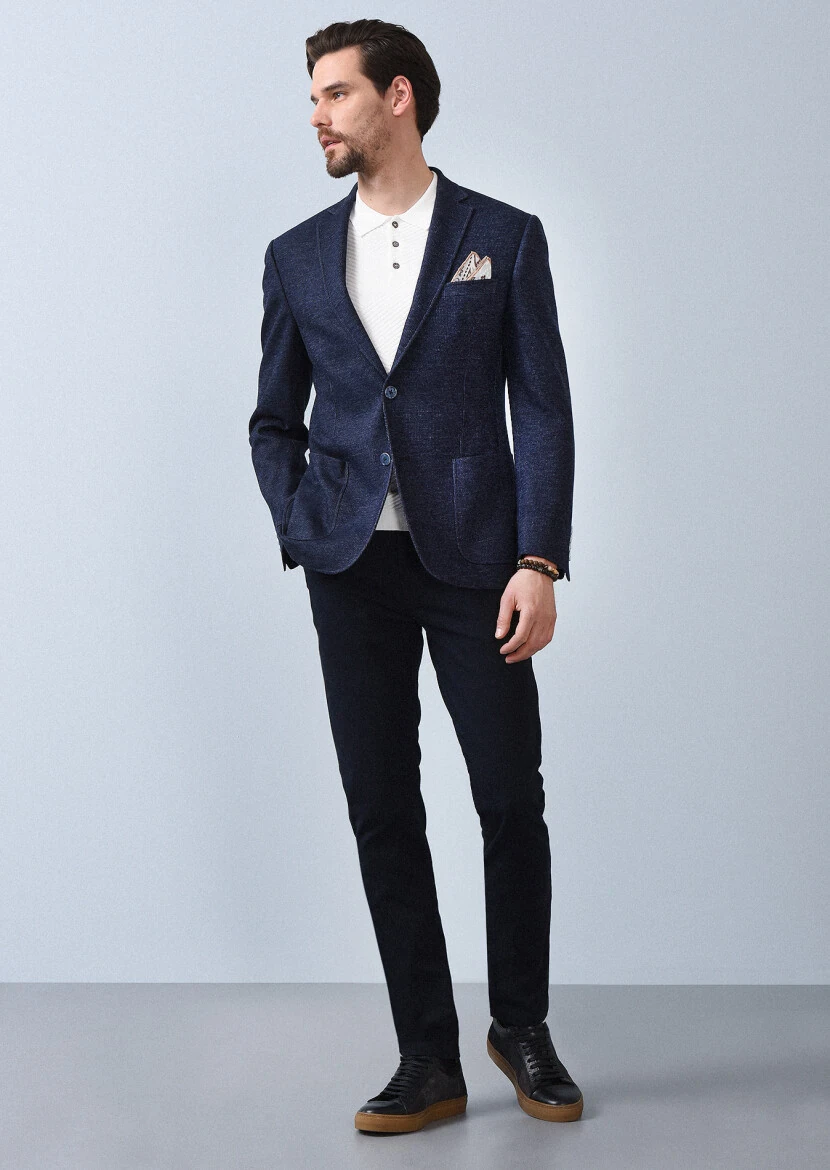 İndigo Çizgili Zeroweight Slim Fit %100 Pamuk Örme Ceket - 1