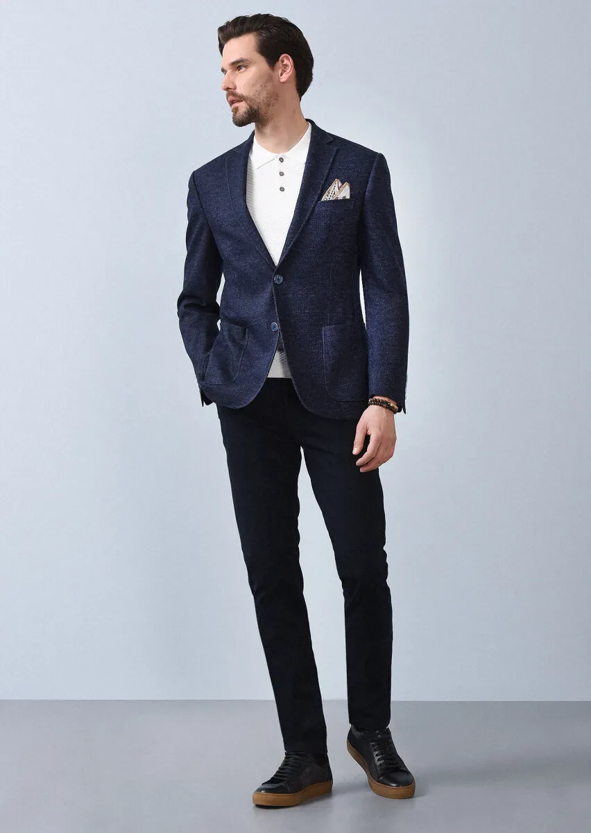 İndigo Çizgili Zeroweight Slim Fit %100 Pamuk Örme Ceket - 1