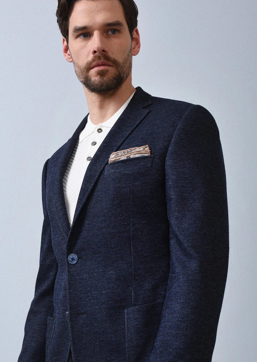 İndigo Çizgili Zeroweight Slim Fit %100 Pamuk Örme Ceket - 2