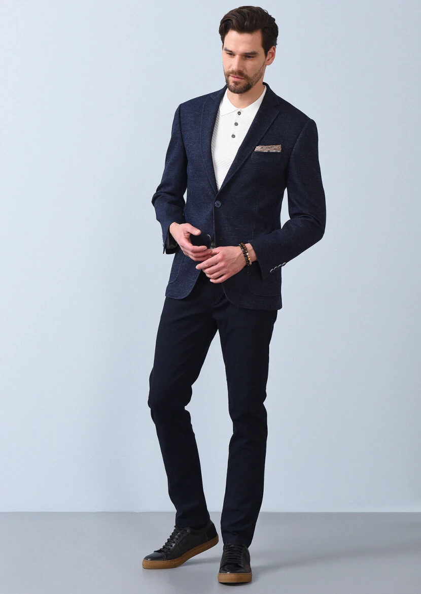 İndigo Çizgili Zeroweight Slim Fit %100 Pamuk Örme Ceket - 3