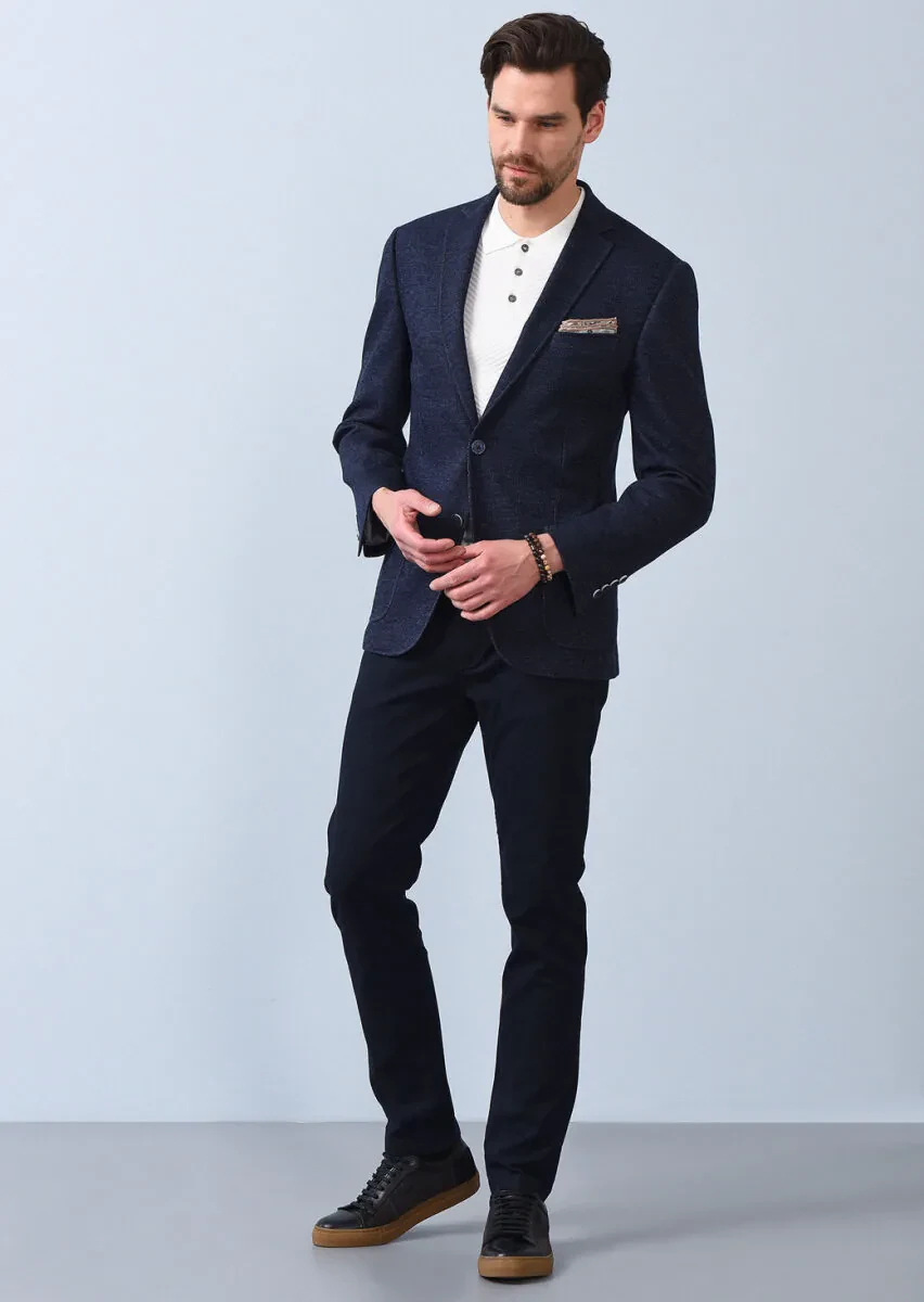 İndigo Çizgili Zeroweight Slim Fit %100 Pamuk Örme Ceket - 3