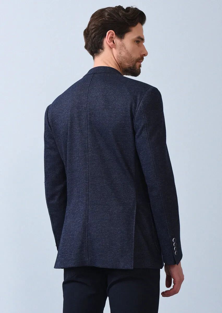 İndigo Çizgili Zeroweight Slim Fit %100 Pamuk Örme Ceket - 4
