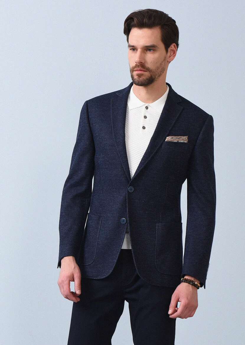 İndigo Çizgili Zeroweight Slim Fit %100 Pamuk Örme Ceket - 5