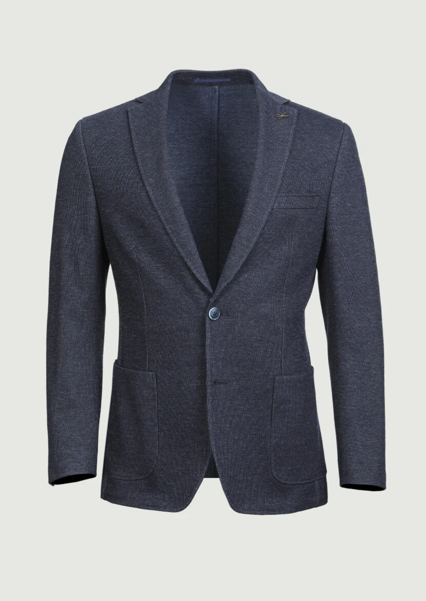 İndigo Çizgili Zeroweight Slim Fit %100 Pamuk Örme Ceket - 6