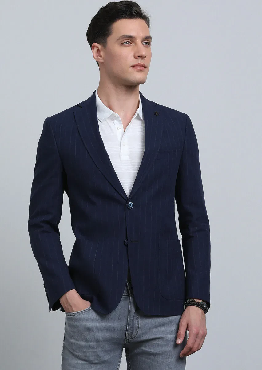 İndigo Çizgili Zeroweight Slim Fit Pamuk Karışımlı Ceket - 1