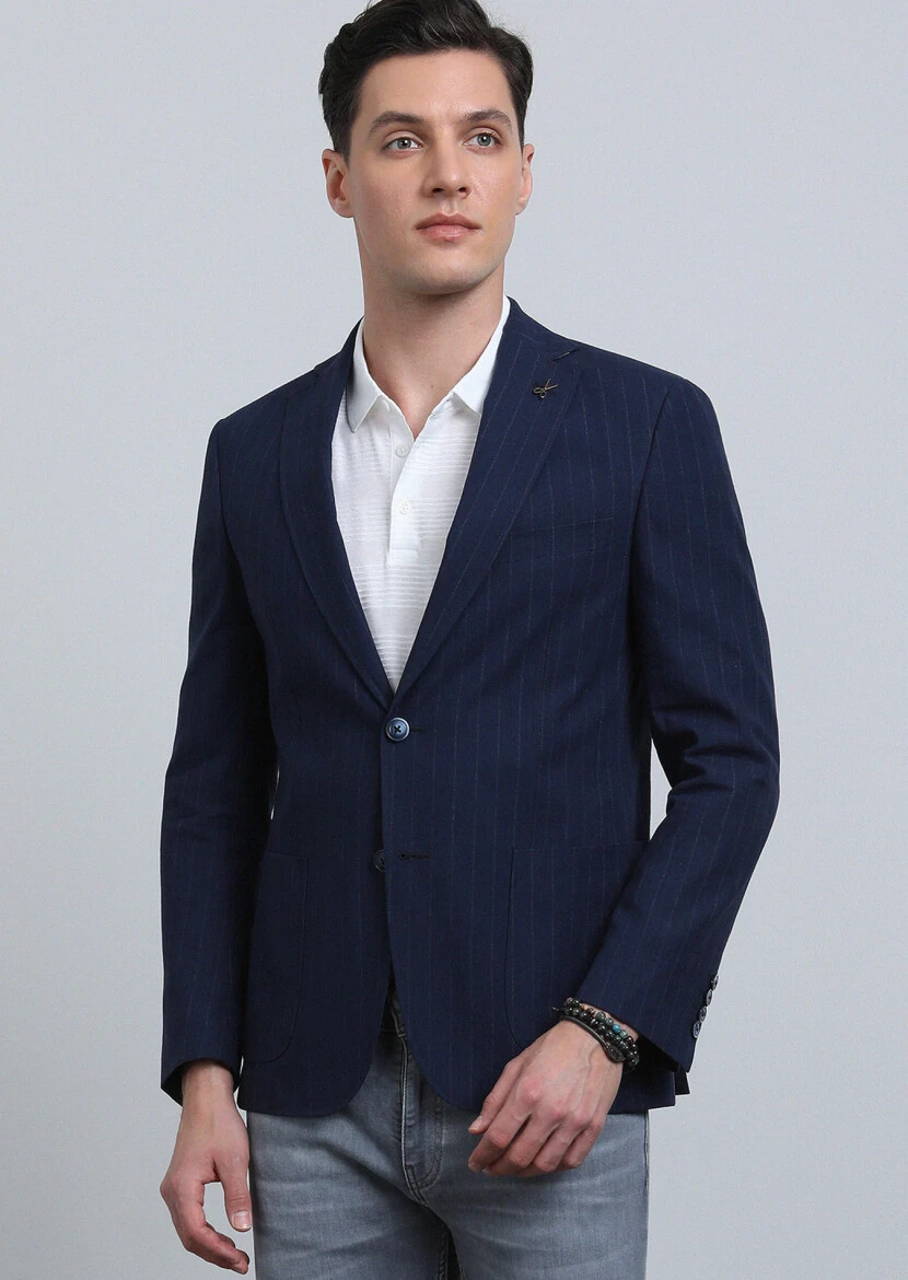 İndigo Çizgili Zeroweight Slim Fit Pamuk Karışımlı Ceket - 2