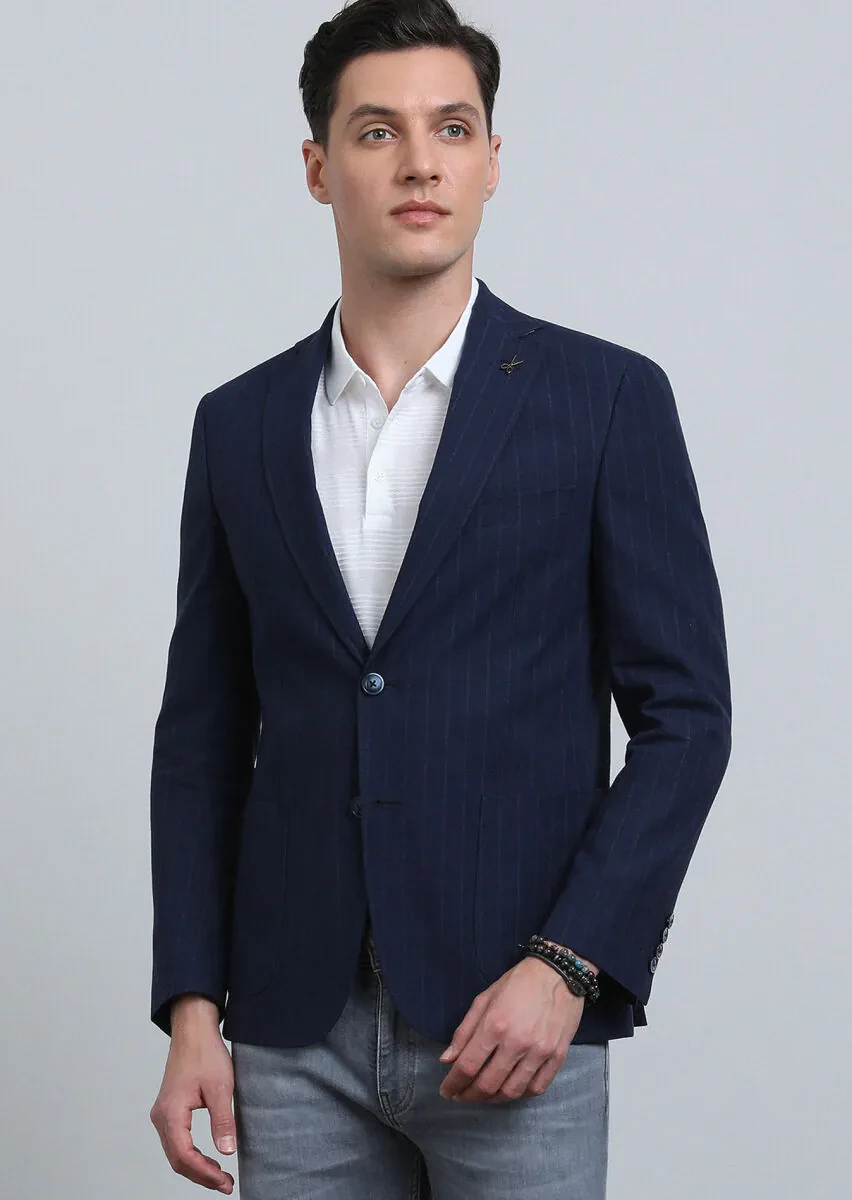İndigo Çizgili Zeroweight Slim Fit Pamuk Karışımlı Ceket - 2