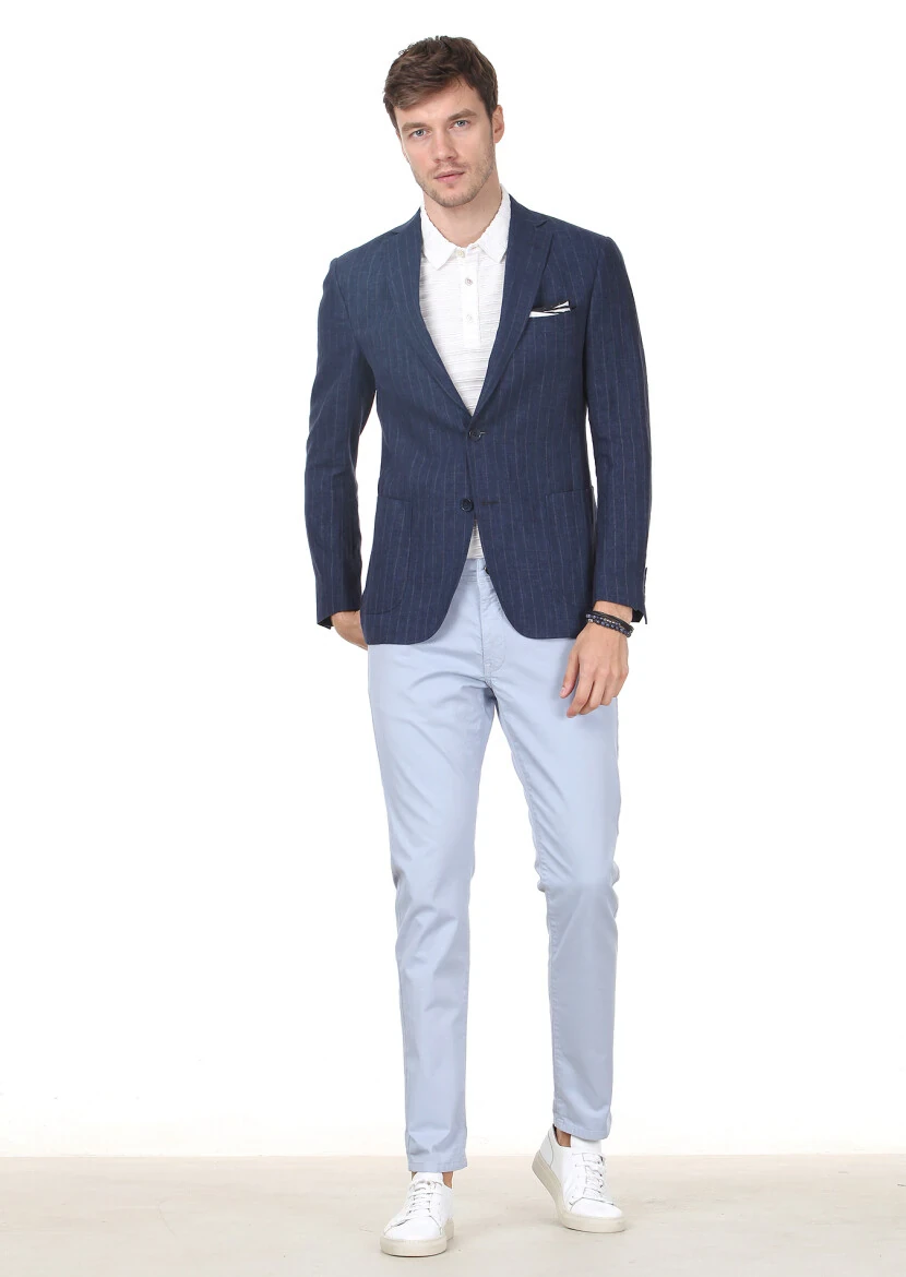 İndigo Çizgili Zeroweight Slim Fit Pamuk Karışımlı Ceket - 3