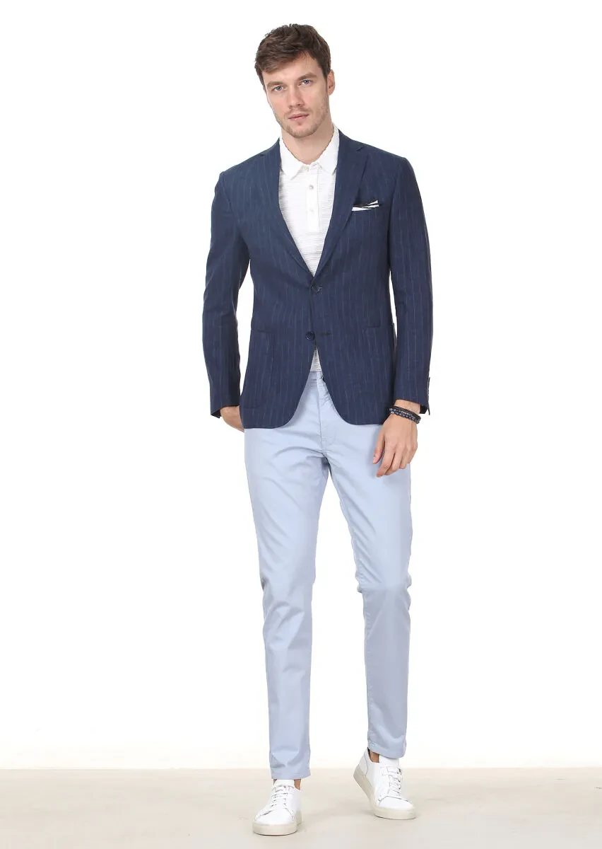 İndigo Çizgili Zeroweight Slim Fit Pamuk Karışımlı Ceket - 3