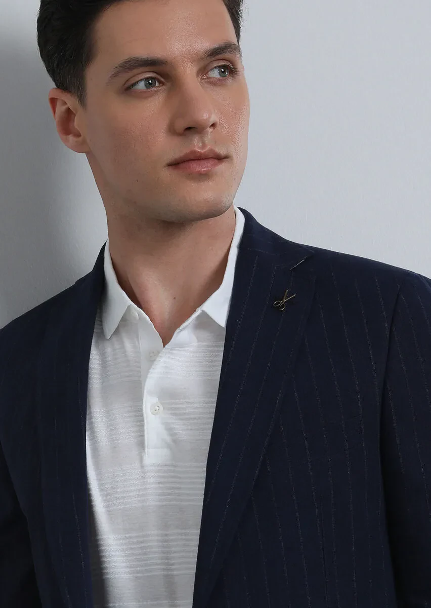 İndigo Çizgili Zeroweight Slim Fit Pamuk Karışımlı Ceket - 4