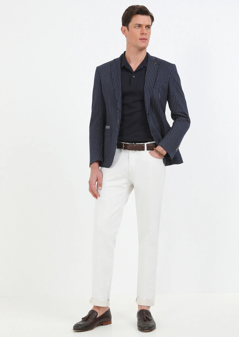 İndigo Çizgili Zeroweight Slim Fit Pamuk Karışımlı Örme Ceket - 1