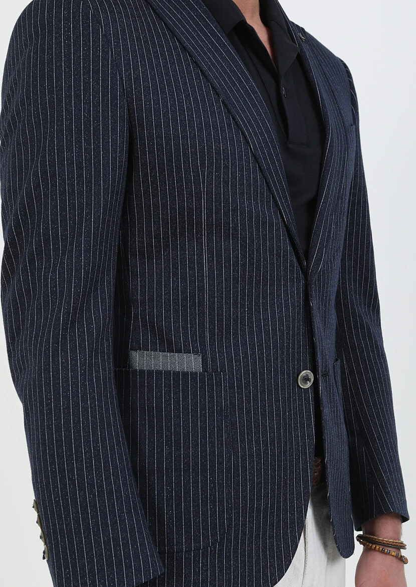 İndigo Çizgili Zeroweight Slim Fit Pamuk Karışımlı Örme Ceket - 3