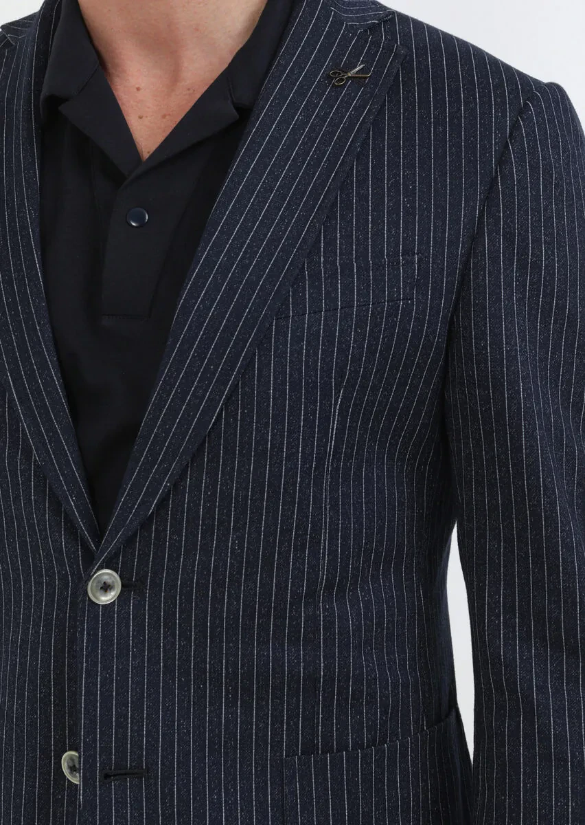 İndigo Çizgili Zeroweight Slim Fit Pamuk Karışımlı Örme Ceket - 4