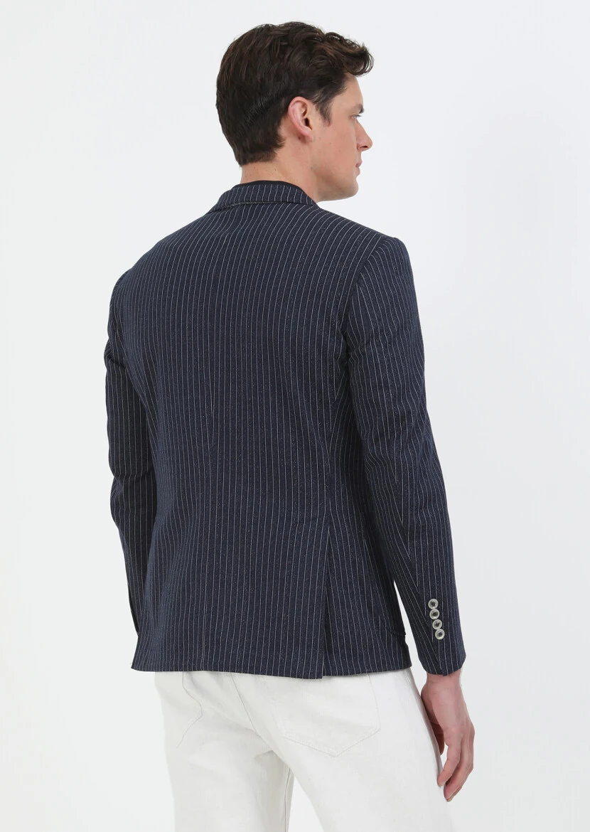 İndigo Çizgili Zeroweight Slim Fit Pamuk Karışımlı Örme Ceket - 5