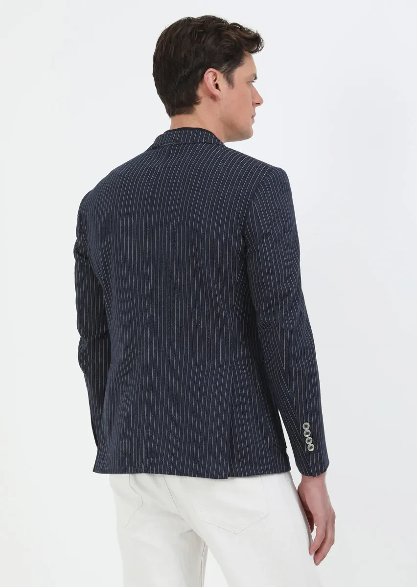 İndigo Çizgili Zeroweight Slim Fit Pamuk Karışımlı Örme Ceket - 5