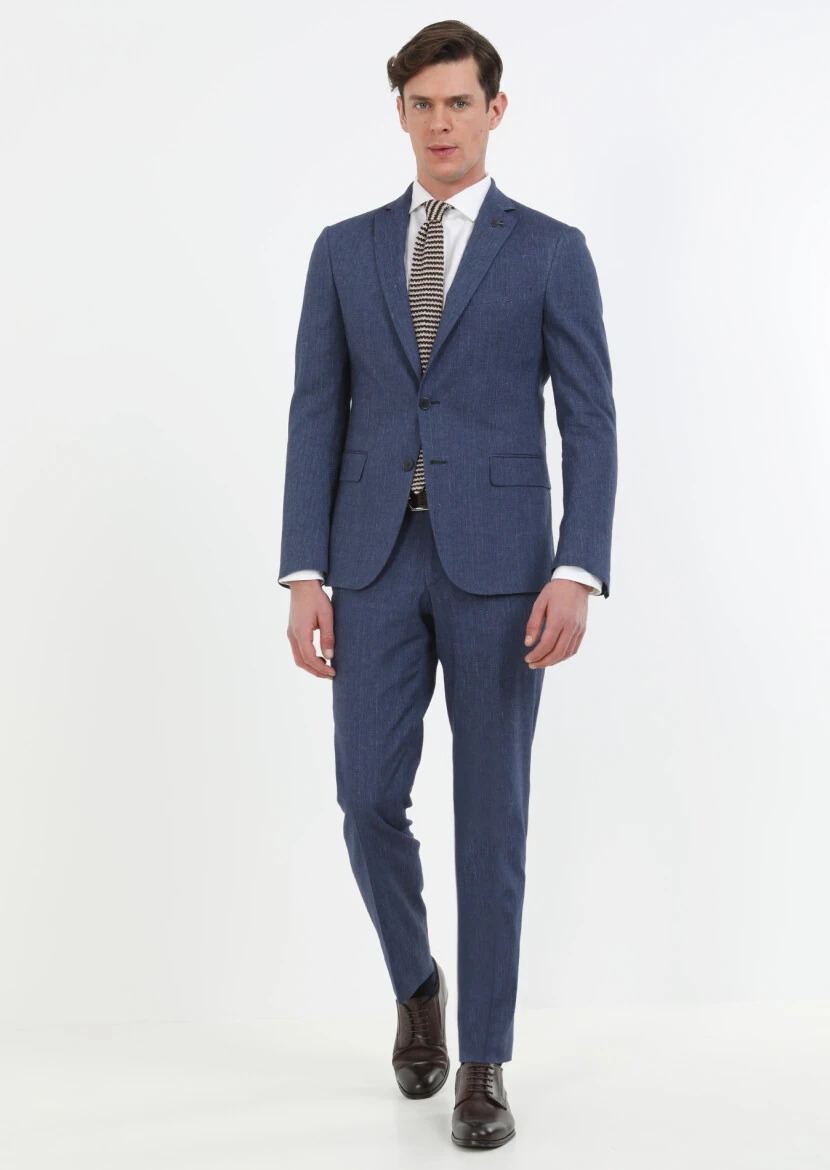 İndigo Çizgili Zeroweight Slim Fit Pamuk Karışımlı Takım Elbise - 1