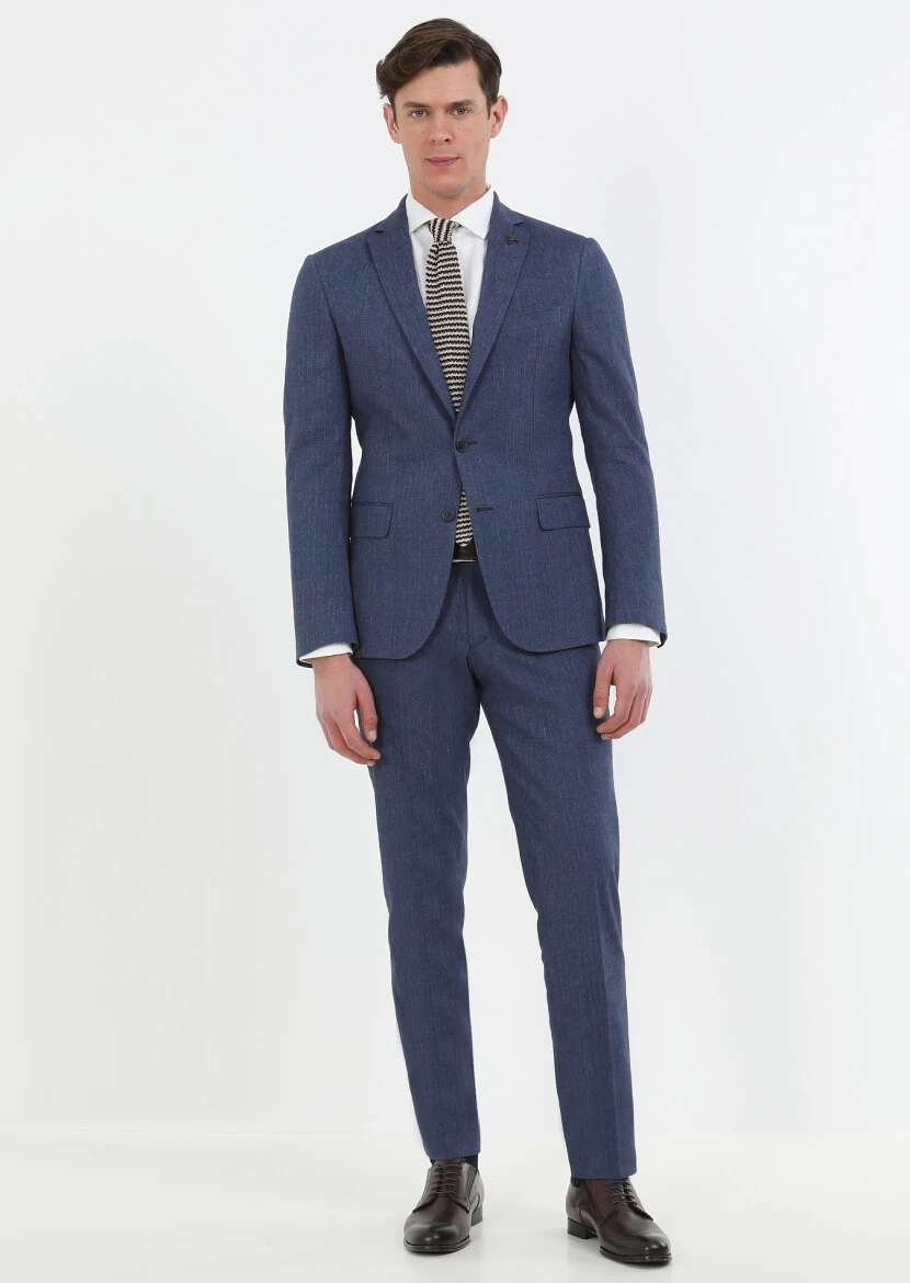 İndigo Çizgili Zeroweight Slim Fit Pamuk Karışımlı Takım Elbise - 2